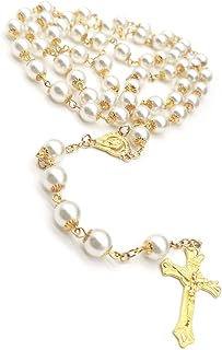 Rosary Beads Catholic for Women Girls, First Holy Communion Rosary Gifts for Girls Catholic, Gold White Rosary Necklace for Women Imitation Pearl Beads Necklace Rosarios Catolicos