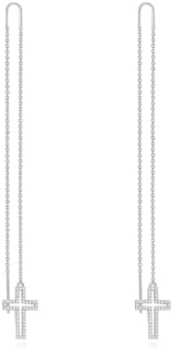 Sterling Silver Threader Dangle Cross Earrings with Zircon Accents and French Wire Back For Women and Girls - Elegant Design