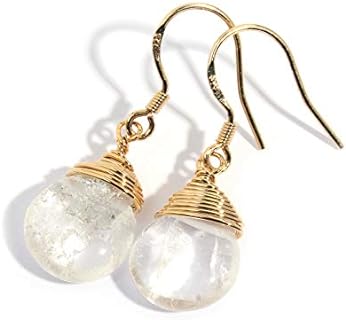 Genuine Natural Gemstone Dangle Drop Earrings with 14K Yellow Gold Plated Wire Wrap and 925 Sterling Silver Hook Jewelry for Women