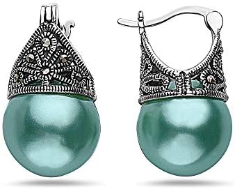 Sterling Silver Marcasite Hoop Earrings with Latch Back for Women in Cap Mounting Design