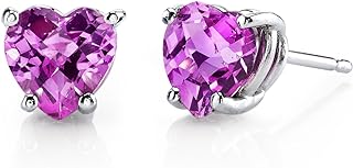 Peora Solid 14K White Gold Created Pink Sapphire Heart Stud Earrings for Women, Classic Solitaire Studs, 6mm, 2.25 Carats total, Friction Back