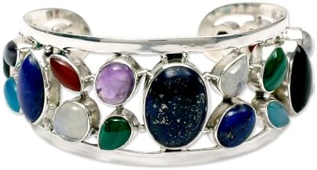 NOVICA Artisan Handmade Lapis Lazuli Pearl Cuff Bracelet Sterling Silver Multigemstone Jewelry Malachite Carnelian Garnet Amethyst Onyx Multicolor India Birthstone [5.5 in L (end to End) x 1.2 in W]