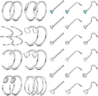 22 Gauge Stainless Steel Nose Ring Set for Men & Women by FINREZIO - Versatile Collection for Nose, Lip, Cartilage Piercings