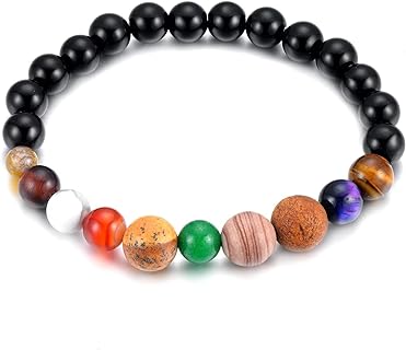 Solar System Planets Astrology Beads 8MM Black Onyx Bead Chain Elastic Bangle Bracelet, Universe Galaxy Beads Bracelet