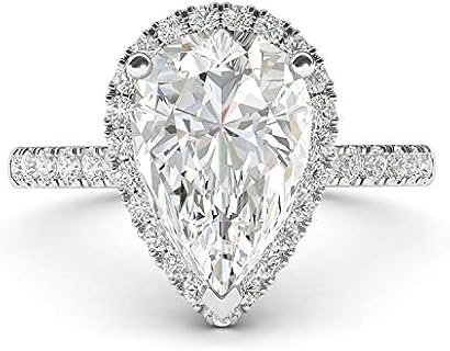 THELANDA 14k White Gold Simulated Pear-Shaped Diamond Halo Engagement Ring with Side Stones Promise Bridal Ring