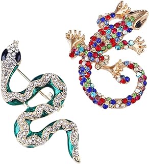 Pin Closure Gold Lizard and Snake Brooches with Gleaming Alloy Gems for Women - Unique Animal Design