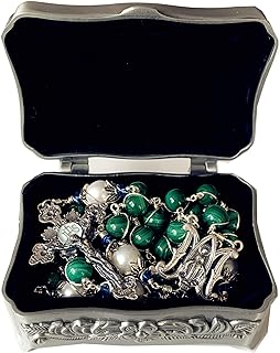 elegantmedical Handmade Sterling Silver Wire Wrapped UNDOUBTED Malachite &10mm Real Pearl Beads Rosary Cross/Crucifix Necklace Box Catholic Womens Gift