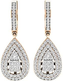 Dazzlingrock Collection 1.10 Carat (ctw) 10K Gold Princess & Round Lab Grown White Diamond Ladies Drop Earrings 1 CT