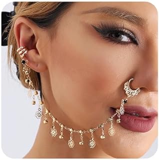 Gold Flower Nose Hoop Chain Rings Black Crystal Pendent Non Piercing Nose Rings Nose to Ear Chain Indian Fake Septum Ring Nose Body Jewelry Nose Dangle Earrings for Women Girls (Style6)