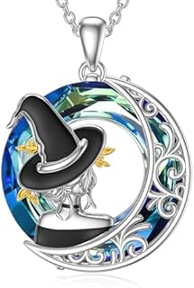 TOUPOP Witch Necklace s925 Sterling Silver Witch on Flying Broom Bat and Black Cat with Blue Circle Crystal Moon Pendant Necklaces Halloween Jewelry Gifts for Women