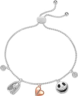 Amazon Essentials Disney Two-Tone Fine Silver Plated Crystal Nightmare Before Christmas Adjustable Bolo Charm Bracelet