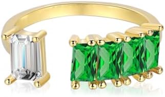 Emerald Cut Moissanite Diamond Statement Bands for Women Open-Space Ring Sterling Silver Open Stackable CZ Cubic Zirconia Engagement Rings for Her, Size Adjustable in White, Green OR Blue