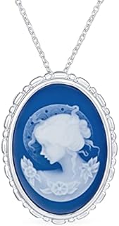 Classic Antique Vintage Style Red Blue Black White Carved Oval Framed Victorian Lady Portrait Cameo Pendant Brooch Necklace Stud Earrings For Women .925 Sterling Silver
