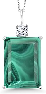 18-Inch Sterling Silver Pendant Necklace Featuring Green Malachite and White Moissanite Gemstones, Emerald-Cut Design with Spring Ring Clasp