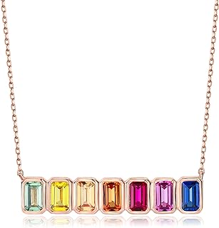 Curved Bar Baguette Necklace for Women 925 Sterling Silver Lab Created Colorful Gemstone Pendant Necklace