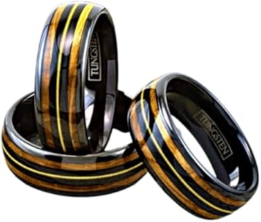 Men's Black Tungsten Whiskey Barrel Wood and Guitar String Wedding Ring with Metal Gems for Him - Size 8, Contemporary Design