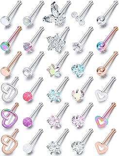 Prjndjw 20G 18G Nose Rings Studs Surgical Steel Nose Stud Glow Dark Heart Opal CZ Flower Nose Piercing Jewelry Nose Rings For Women Straight Screw L Shaped Nose Rings Hypoallergenic Nose Piercing Kit