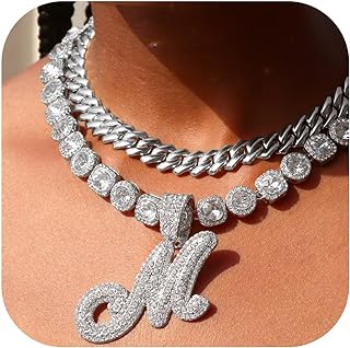 2pcs Cuban Link Chain for Women Cursive Silver Initial Necklace Cuban Link Necklace for Women Hip Hop Iced Out Chain Necklace Bling Diamond 14mm Cuban Chain Letter Name Hip Hop Jewelry Gift