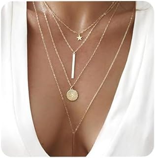 Bohemia Layered Choker Necklace Star Choker Gold Coin Necklace Bar Pendant Necklace Lariat Y Necklace for Women and Girls