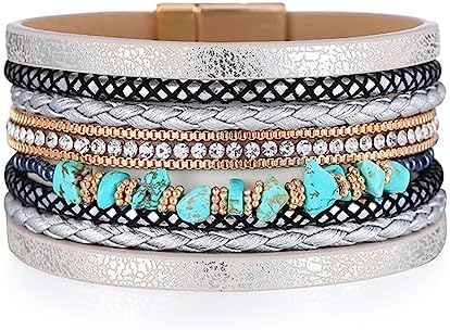 HUASAI Bohemian Faux Leather Cuff Bracelet Turquoise Bracelet Western Bracelet for Women Multi Layer Western Turquoise Jewelry