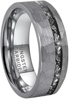 Genuine Meteorite Chip Inlay Tungsten Carbide Wedding Ring for Men & Women in Matte Brushed Finish, Silver/Black Hammered Design
