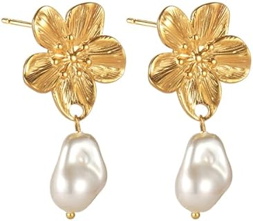 Kokoma Bohemian Gold Flower Earrings for Women Girls Stainless Steel Baroque Pearls Dangle Drop Stud Earrings 14K Gold Plated Elegant Ear Jewelry for Mothers Day