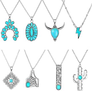 Kigeli 8 Pcs Western Necklaces for Women Turquoise Necklace Cowgirl Cowboy Pendant Necklace Cattle Necklace Jewelry for Girls