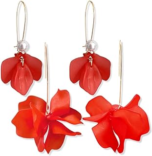 Boho Rose Petal Dangle Resin Earrings - Long Drop Acrylic Tiered Flower Earrings - Statement Exaggerated Floral Tassel Earrings for Women and Girls (Red)