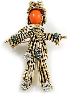 Vintage Inspired Crystal Scarecrow Brooch in Aged Gold Tone - 55mm Tall