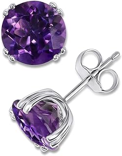 Elegant KOKAV 14K White Gold Stud Earrings with Genuine Round 8mm Amethyst & Secure Push-Back Design