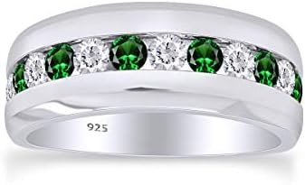 AFFY Round Cut Simulated Emerald and White Cubic Zirconia Mens Wedding Anniversary Band Ring in 14k Gold Plated 925 Sterling Silver