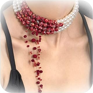 Unique Gothic Vampire Blood Pearl Choker Necklace, with Adjustable Cable Chain, Ideal Halloween Party Gift or Grunge Style Statement for Women and Girls