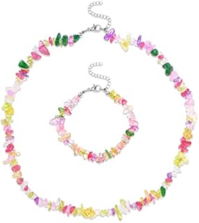 Healing Crystal Chip Stone Jewelry Set - Natural Crystal Necklace and Bracelet with Stainless Steel Details and Lobster Clasp