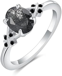1.5 Carat Oval Natural Black Rutilated Quartz Engagement Rings for Women Round Cut Black Spinel Wedding Ring Gifts 925 Sterling Silver Black Stone Promise Ring for Her Art Deco Platinum Plated Silver Gothic Bridal Rings Sets