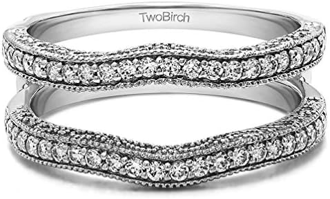 TwoBirch Sterling Silver Contour Ring Guard for Brides with CZ or Moissanite Gem, Filigree Design, and Millgrained Edges