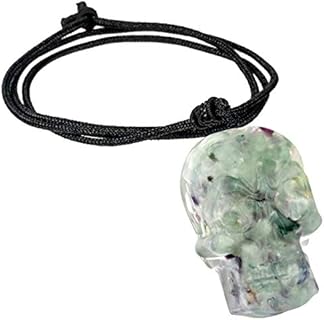 Fluorite Stone Crystal Skull Necklace with Magnetic Clasp and Adjustable Rope Chain for Men and Women - TUMBEELLUWA Healing Crystal Orgonite Design