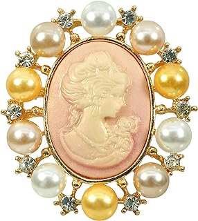 Gyn&Joy Womens Golden Tone Faux Pearl Crystal Rhinestones Vintage Pink Cameo Pin Brooch