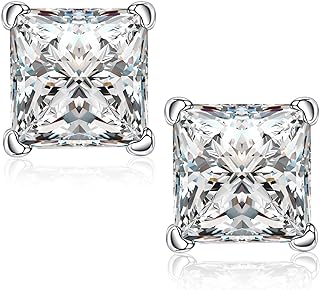 SMILEST Mothers Day Gifts - Princess Cut Birthstone Earrings for Women Mom, Sparkle Birthstone Jewelry 18K White Gold Plated S925 Sterling Silver Birthstone Stud Earrings for Women Mom Birthday Gifts