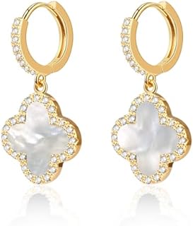 Gold Dangle Earrings, 14K Gold Plated Small Huggie Hoop Earrings with Clover Charms, Dainty Drop Dangle Earrings for Women