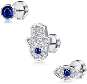 Screw Back Sterling Silver Evil Eye and Hamsa Hand Dangle Earrings for Women, Turtle Cartilage Design