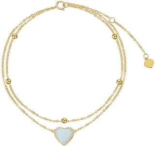 14K Solid Gold Heart Anklet for Women, Real Gold Layered Opal Anklet Bracelet Fine Jewelry Anniversary Birthday Mother's Day Gifts for Her, Wife, Mom, Girlfriend, 8''+2''