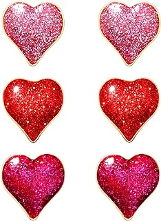 3 Pairs Valentine’s Day Heart Stud Earrings for Women Glitter Rhinestone Heart Earrings Sweet Red Pink Heart Ear Studs Valentine’s Day Gifts Holiday Accessory