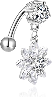 CANDYFANCY Reverse Belly Button Rings Dangle Flower CZ 14G Navel Ring Surgical Steel Belly Piercing Jewelry Top Mount Belly Ring