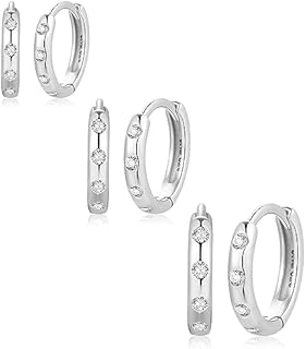 3-Pair Sterling Silver Hoop Earrings with Cubic Zirconia, White Gold Plated, Hinged Hoop Clasp for Women, Girls, and Men - Versatile and Elegant Mini Cartilage Huggie Design (8/10/12mm)
