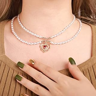 Xerling Faux Pearls Choker Necklaces Red Crystal Heart Pendant Chains Charm Imitation Pearl Layered Necklaces 1920s Pearl Costume Jewelry for Women Girls (Type A)