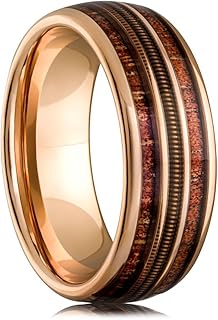 Unique Handcrafted Rose Gold and Tungsten Men's Wedding Ring with Whiskey Barrel Wood Inlay and Guitar String Design for Music Lovers