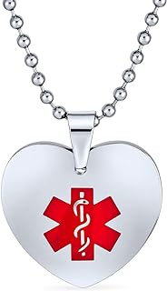 Emergency Heart-Shaped Pendant Necklace with Bead Chain and Snap Clasp, Stainless Steel Medical ID Tag for Women and Teens - Engravable and Customizable