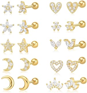 10 Pairs Stainless Steel Stud Earrings Set for Women Girls Star Moon flower Heart Leaf Cubic Zirconia Cartilage Earrings Hypoallergenic ballback Earrings Jewelry Gift for Women Girls