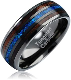 100S JEWELRY Gunmetal Tungsten Ring For Men Koa Wood Thin Blue Line Pacific Sapphire Opal Inlaid Wedding Band Promise Size 6-16