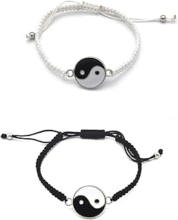 COLORFUL BLING 2 Pcs Beaded Beads Yin Yang Strand Wrap Rope Cord Bracelet Set Bangle for Couple BFF Matching Puzzle Pendant Bracelet Friendship for Women Men Jewelry Gifts
